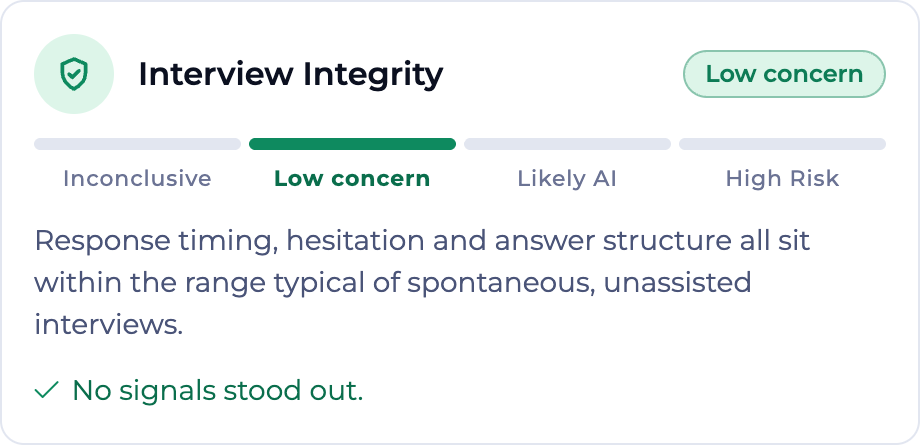 Low concern integrity assessment on a four-step scale from Inconclusive to High Risk, explaining that response timing, hesitation and answer structure all sit within the range typical of spontaneous, unassisted interviews, with the note that no signals stood out