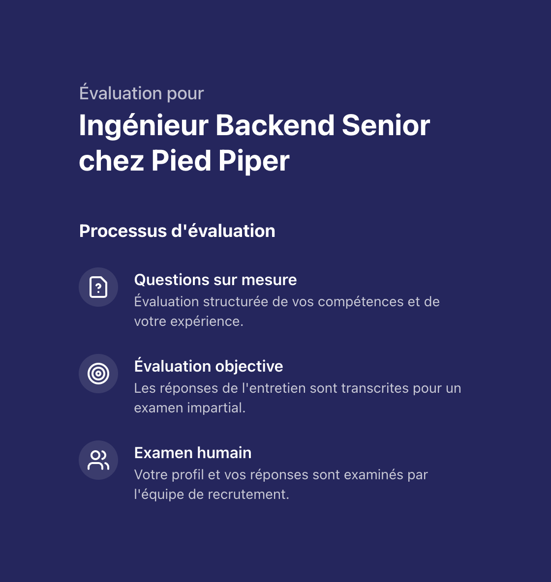 French-language candidate interview welcome panel branded for a Senior Backend Engineer assessment, explaining the custom questions, objective assessment, and human review process