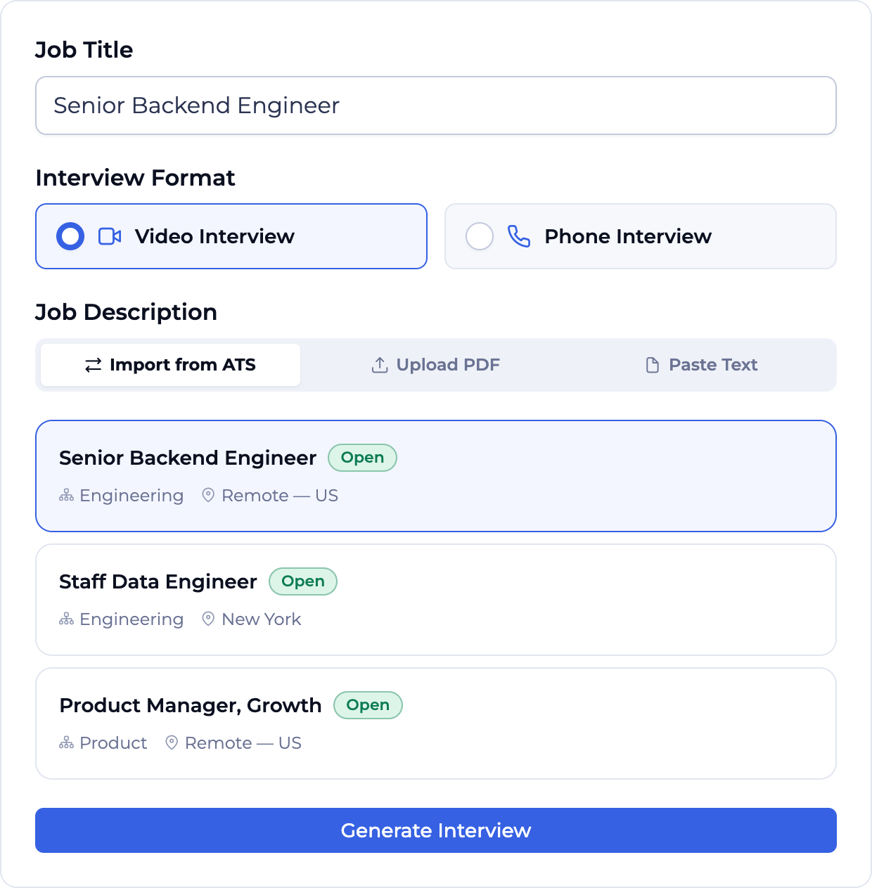 EvoHire role setup showing a Senior Backend Engineer job, video or phone interview format, job-description import from an ATS, PDF upload and pasted-text options, and the action to generate the interview