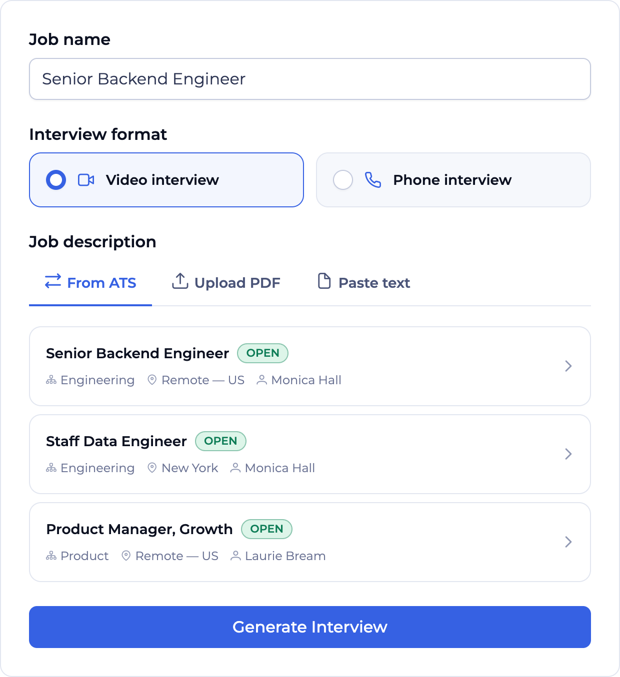 EvoHire role setup for a Senior Backend Engineer job: a job name, a choice of video or phone interview, and a job description taken from an ATS, an uploaded PDF or pasted text — here listing open ATS roles with department, location and hiring manager — above a Generate Interview button
