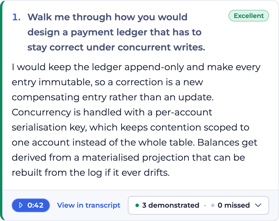 EvoHire interview report, Interview questions tab: each question with the candidate’s answer and its own accuracy grade, a play chip that jumps to that moment in the recording, a link to the same point in the transcript, and a count of the key concepts the answer demonstrated or missed